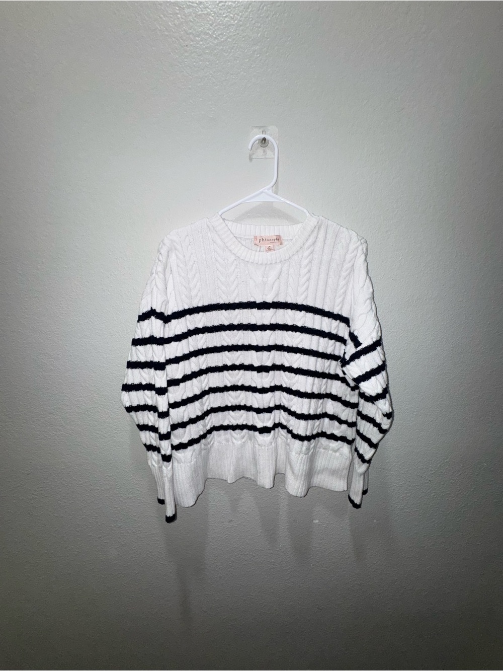 Philosophy White Cable Knit Crewneck Sweater with Black Stripes